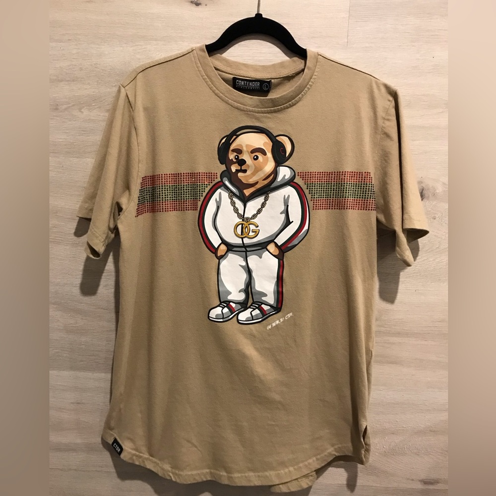 Contender Mens O G Bear Rhinestone Hip Hop Graphic Tshirt Brown